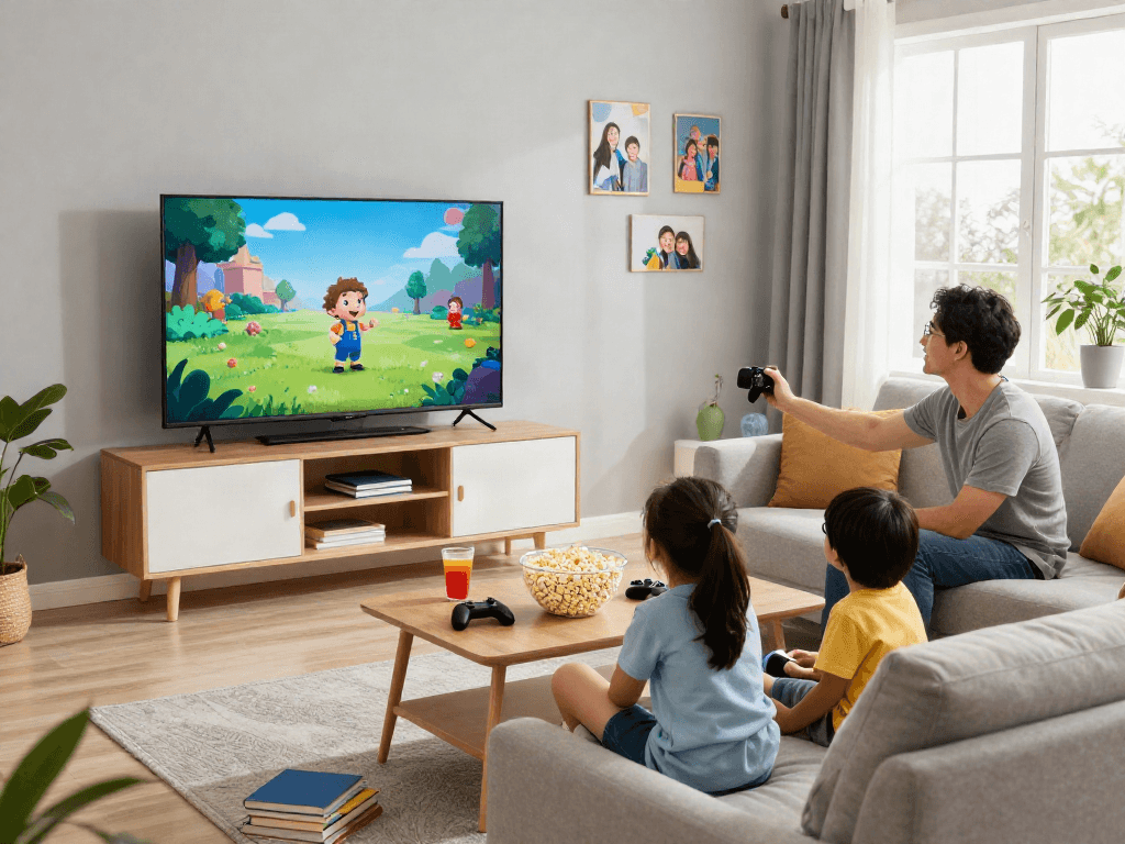 Family enjoying a movie night on Iron TV in a cozy living room.