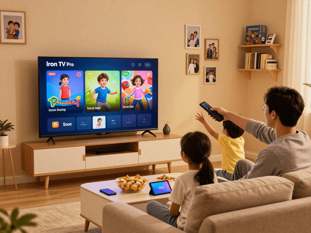 Famille utilisant Iron TV Pro pour regarder leurs émissions préférées en HD dans un salon confortable.