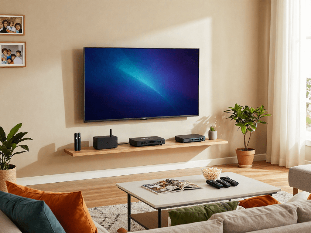Configuration moderne de Iron tv dans un salon chaleureux avec des équipements de divertissement.